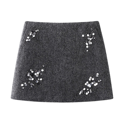 艾诺丝国内代购2025秋冬季钉珠亮片A字羊毛短裙半身裙女装354109
