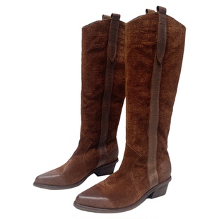 雪密欧新款美拉德水洗压花马绒皮长靴女百搭西部风骑士靴女981-02