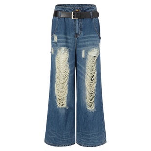 LEDIM WANG白标/美式皮带拼接莱赛尔破洞牛仔裤长裤女春夏新款