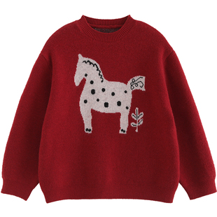 NNGZ冬季女童马年提花红色毛衣保暖舒适儿童针织衫童装新年服上衣