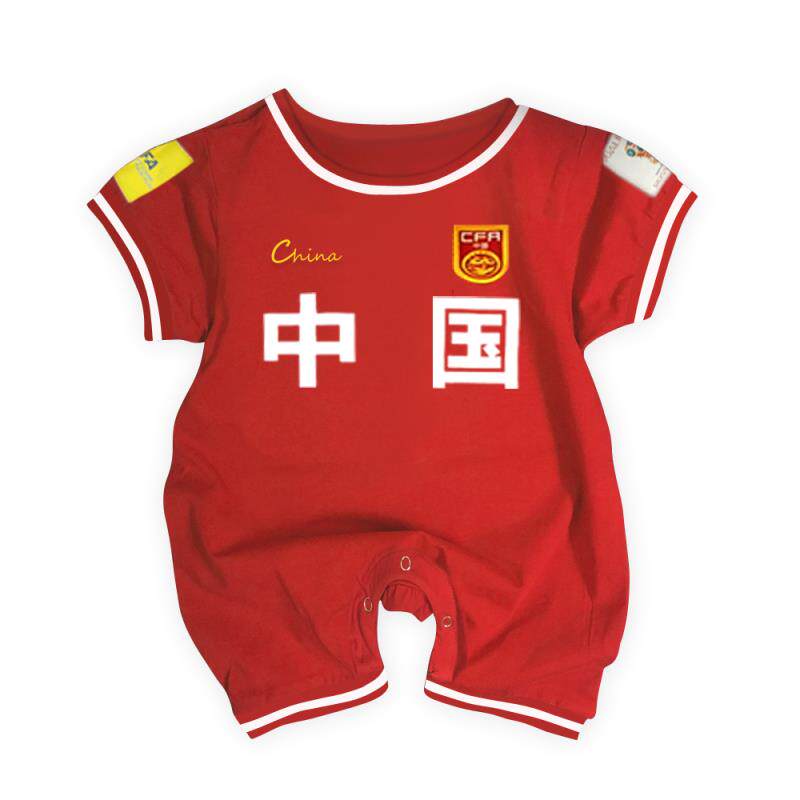 红色连体纯棉短袖运动婴儿爬服
