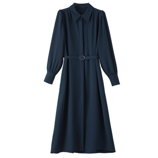 晚白2026年春新款翻领正式场合衬衫裙系带收腰行政蓝通勤连衣裙