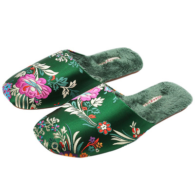 新中式高级感刺绣缎面棉拖鞋女室内防滑厚底加绒保暖牛筋底居家冬