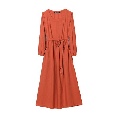 旅行文艺纯色气质收腰棉麻连衣裙