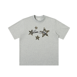 KSXN 美式星星豹纹圆领短袖T恤夏季宽松休闲百搭情侣半袖显瘦上衣