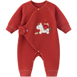 木生棉新生儿夹丝棉连体衣秋冬婴儿保暖喜庆哈衣和尚服宝宝新年服