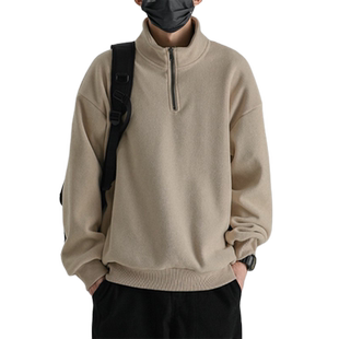 日系复古秋冬打底半拉链立领奥粒绒卫衣男宽松百搭情侣装加绒外套