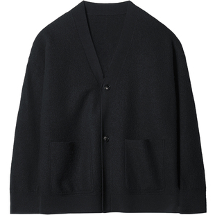 石见山100%澳洲美利奴羊毛针织开衫男士老钱风宽松毛衣外套男款