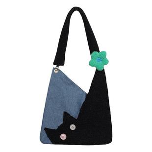 苏小塔原创 可爱毛绒猫咪格子牛仔文艺范小众大容量单肩斜挎包