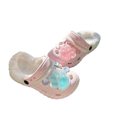 儿童新款可爱猫爪加厚洞洞鞋加绒