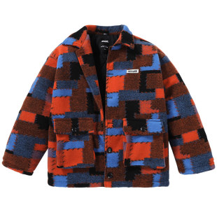 GENANX闪电潮牌羊毛混纺外套棉服高街撞色格纹无性别翻领呢子棉衣