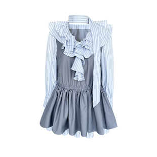 Narratorgirls蓝灰色拼接学院长袖连衣裙