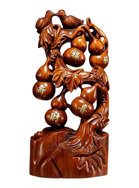 花梨木雕福禄寿喜财葫芦摆件