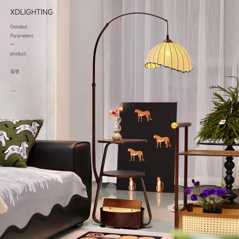 2025新款中古客厅钓鱼灯落地灯置物架一体复古沙发旁边装饰氛围灯