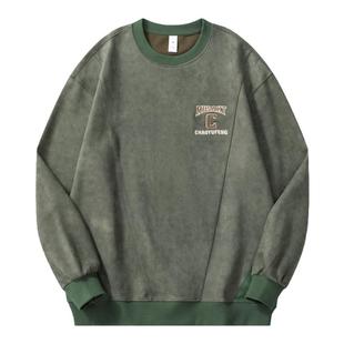 330g麂皮绒卫衣男冬季加绒美式宽松拼接刺绣上衣男士弹力休闲外套