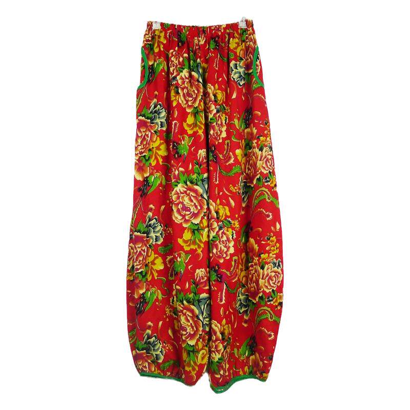 花布灯笼裤包边大码宽松棉麻水洗东北民族风女装口袋春秋自产自销