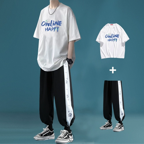 Футболка с коротким рукавом, летний комплект, штаны, свободный крой