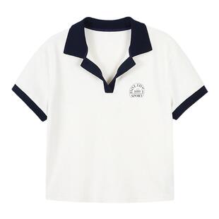 URLAZH有兰夏季新款美式复古风短款休闲撞色polo领上衣短袖T恤女