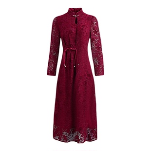 黛玛诗婚宴礼服2026春新款优雅新中式旗袍裙长袖蕾丝连衣裙女酒红