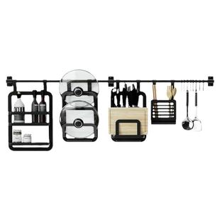 免打孔厨房置物架黑色太空铝刀架挂杆锅盖架调料架墙上转角收纳