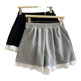 法式复古蕾丝花边阔腿短裤女夏装韩版高腰宽松外穿运动休闲睡裤潮