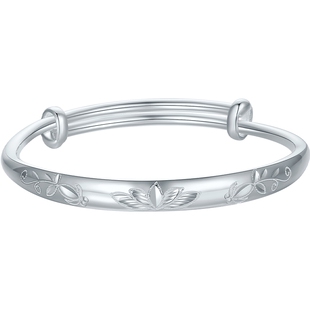 六桂福珠宝莲花银手镯女纯银足银镯子生日送妈妈情人节新年礼物