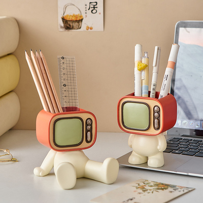 电视创意笔筒办公室桌面高颜值笔桶手机支架一体学生收纳可爱摆件