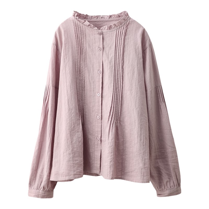 园园美衣复古风琴褶木耳领全棉衬衫上衣春款文艺100%棉单排扣衬衣