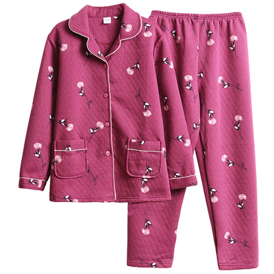 加厚睡衣夹层中年妈妈套装女士