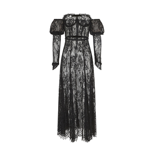 [甄选3折]NanaJacqueline蕾丝透视连衣裙女丝绒蝴蝶结性感小礼服