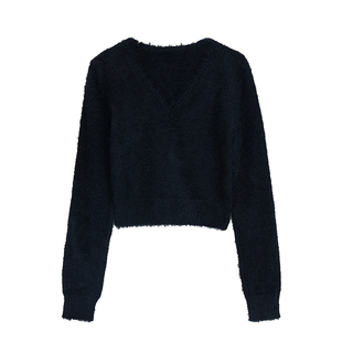 pusumede 周日寄语 黑色仿貂毛V领毛衣女气质高级感短款针织衫