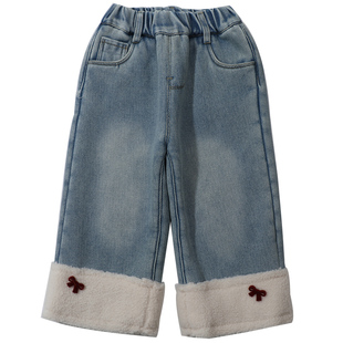 女童冬季加绒裤子2025新款秋冬款宝宝一条过冬加厚儿童直筒牛仔裤