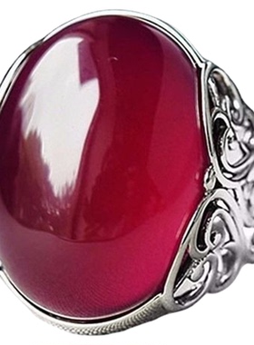 纯银可调节红色玉髓玛瑙戒指复古