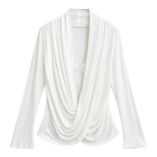 怪力酱 春季交叉蕾丝高级感修身显瘦假两件绝美长袖拼接荡领上衣