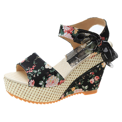 蝴蝶结夏季新款坡跟防水台凉鞋