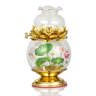 莲花油灯玻璃酥油供佛前家用长明莲花座老式摆件盏小水晶照明神台