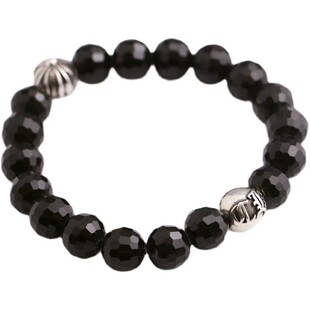 一休老银匠S925银2银珠字母珠10mm黑曜石手链潮流男女款情侣手环