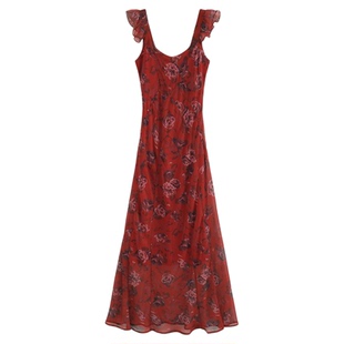 AZure法式复古碎花连衣裙女重磅立体剪裁红色茶歇长裙鱼尾裙夏季