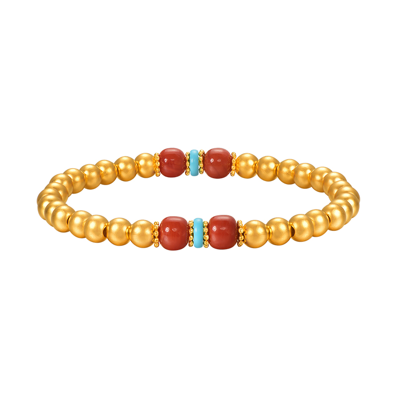 明牌珠宝古法黄金金珠手串 多宝系列足金玛瑙绿松石手链AFK0426