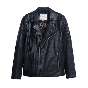 MCS男装源自万宝路秋季新款美式街头翻驳领羊皮革真皮皮衣夹克男