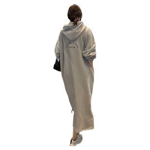 春秋款连帽套头长款卫衣女韩版宽松显瘦中长款过膝开叉加厚连衣裙