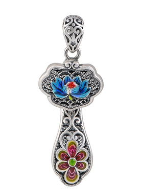 纯银如意吊坠99足银复古景泰蓝莲花文艺项坠国风珐琅彩老银匠手工