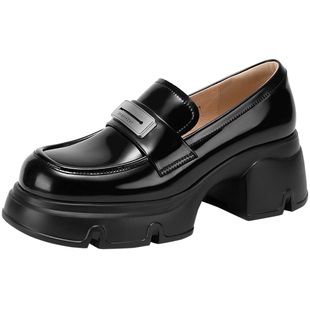 千百度女鞋厚底乐福鞋秋季新款时尚增高JK鞋潮流黑色小皮鞋