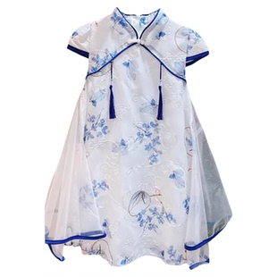 女童旗袍裙青花瓷2026夏装儿童旗袍裙舞蹈演出走秀服新中式连衣裙