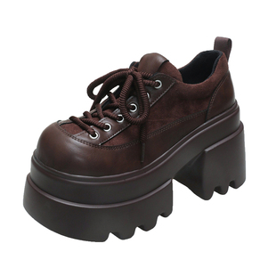 欧货增高9cm加绒乐福鞋女2025冬季新款小个子厚底粗跟英伦小皮鞋