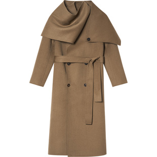 LK BENNETT驼色绵羊毛双面呢大衣2025冬季新款围巾领双排扣外套