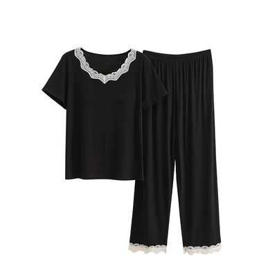 莫代尔条纹带胸垫睡衣套装三件套