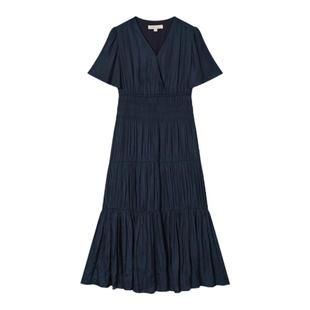 Goodland美地女装夏季流光缎面感打褶短袖连衣裙中长款