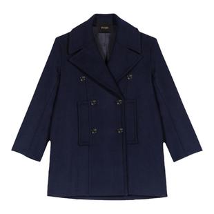 Maje Outlets秋冬女装松绒风羊毛混纺深蓝色大翻领毛呢大衣外套