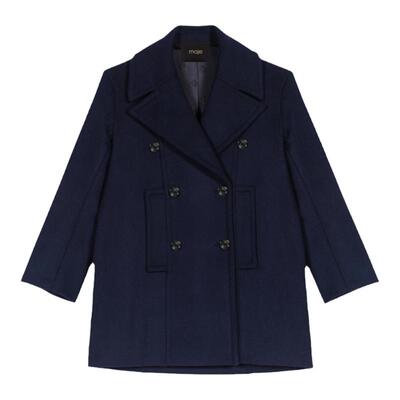 Maje深蓝色中长款毛呢外套